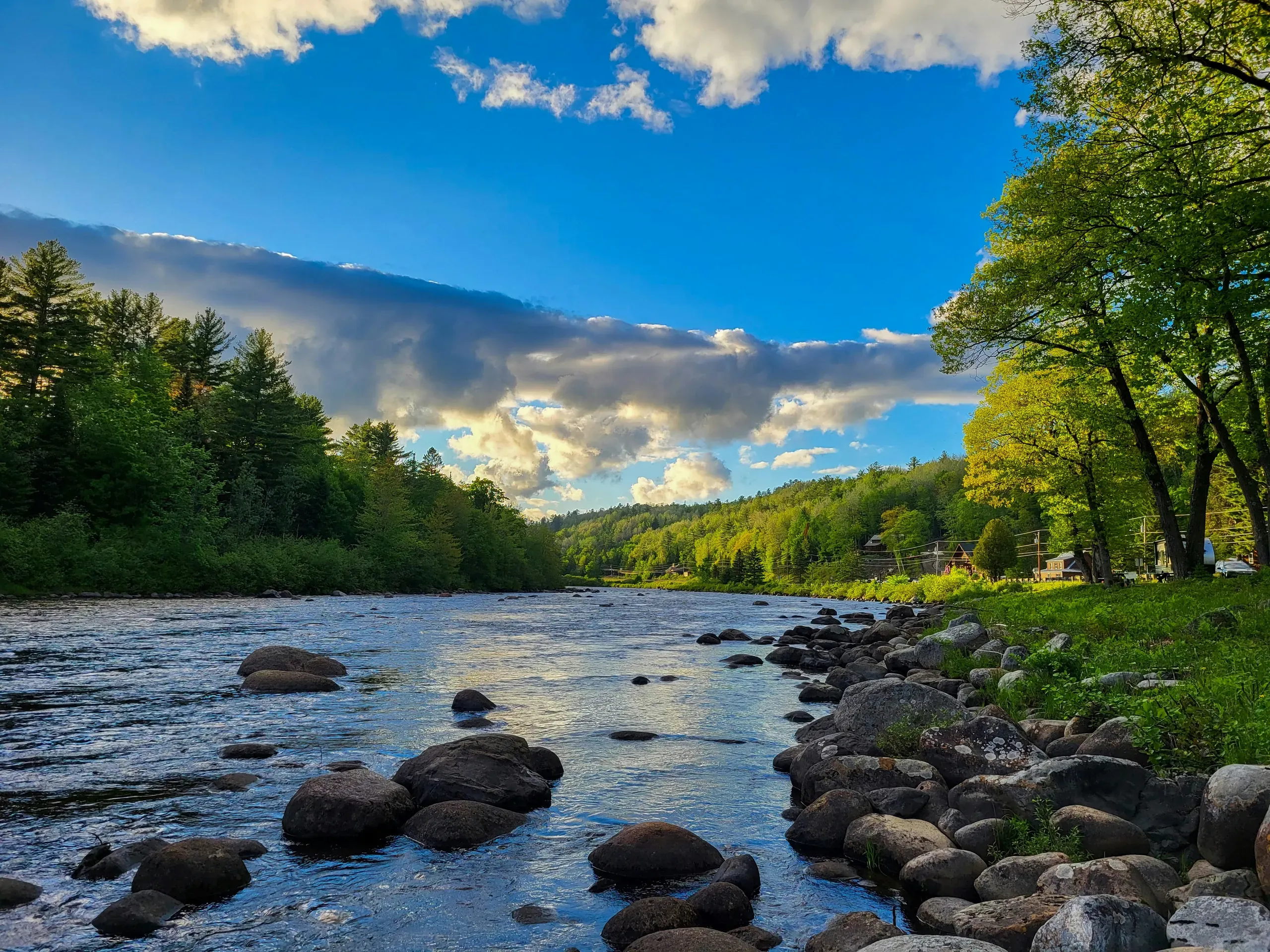 A river runs through a lush green forest during a vibrant sunrise in Maine.