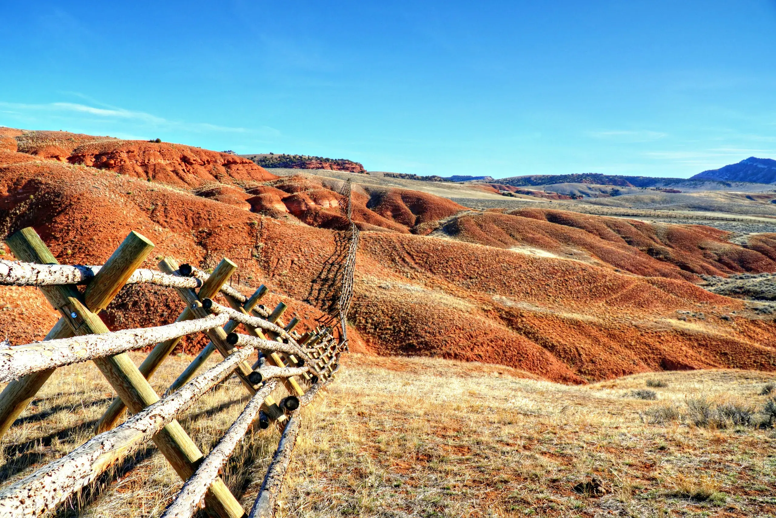 Open Range, Hot Springs State Park, Thermopolis, Wyoming. In addition to the many hot springs and facilities is the swinging bridge over the Big Horn River. The Wyoming Dinosaur Center is nearby.