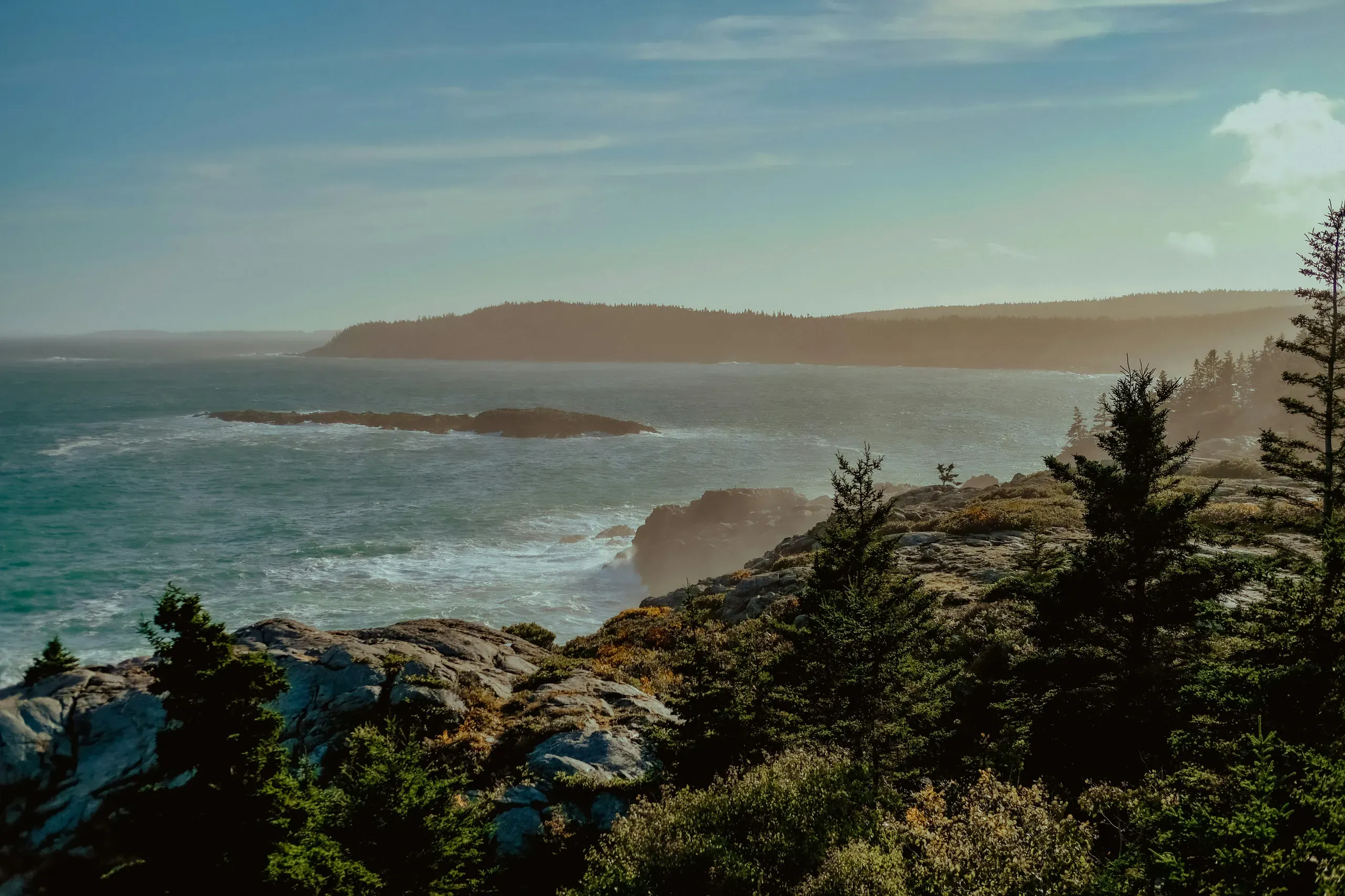 A view from a rocky, tree-covered clifftop overlooking the sea towards a hazy, distant coastline in Maine.