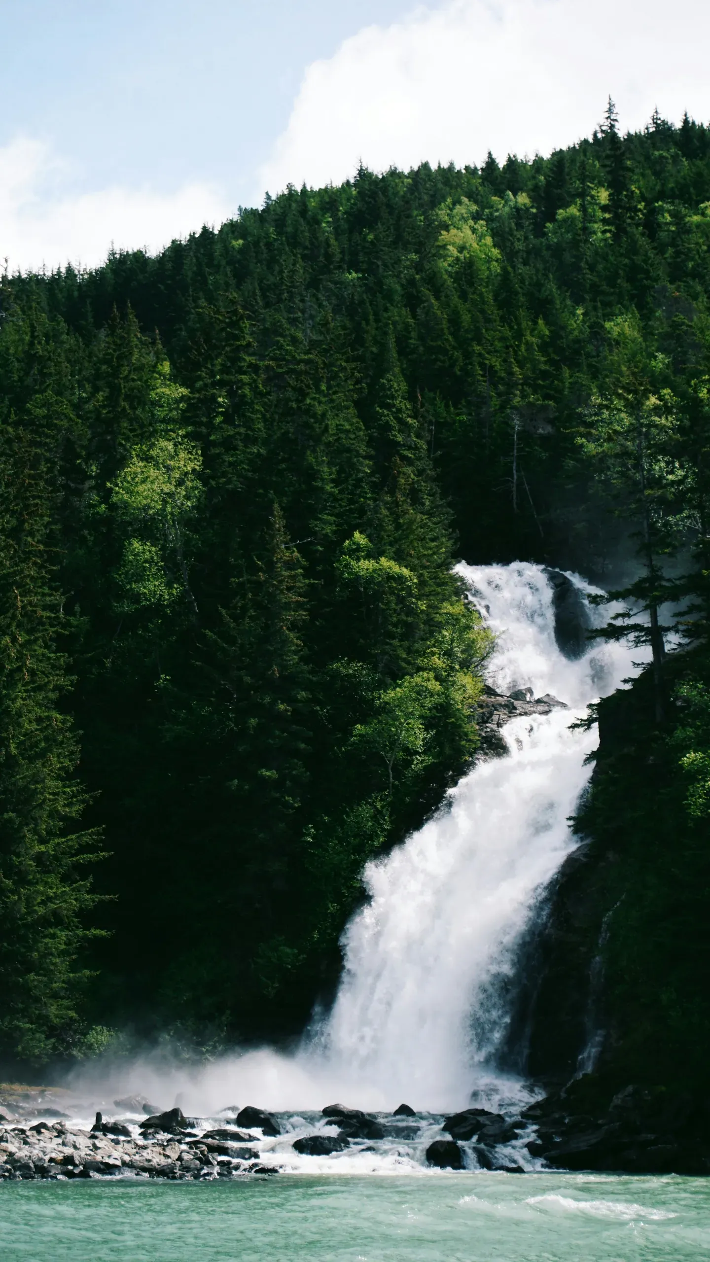 Alaska. Waterfall off mountain forest into river.