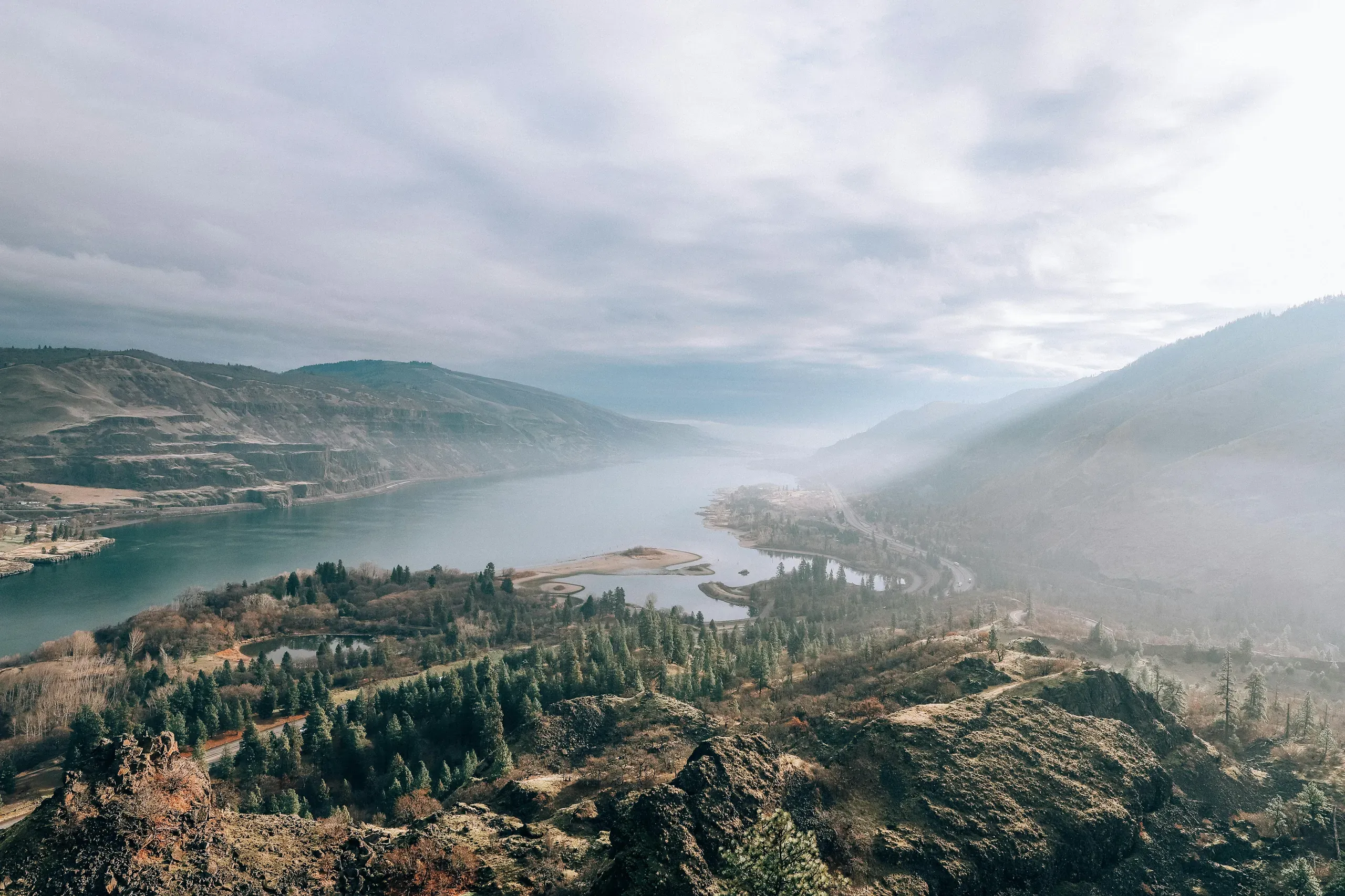 Mosier, Oregon. Green pine trees near body of water