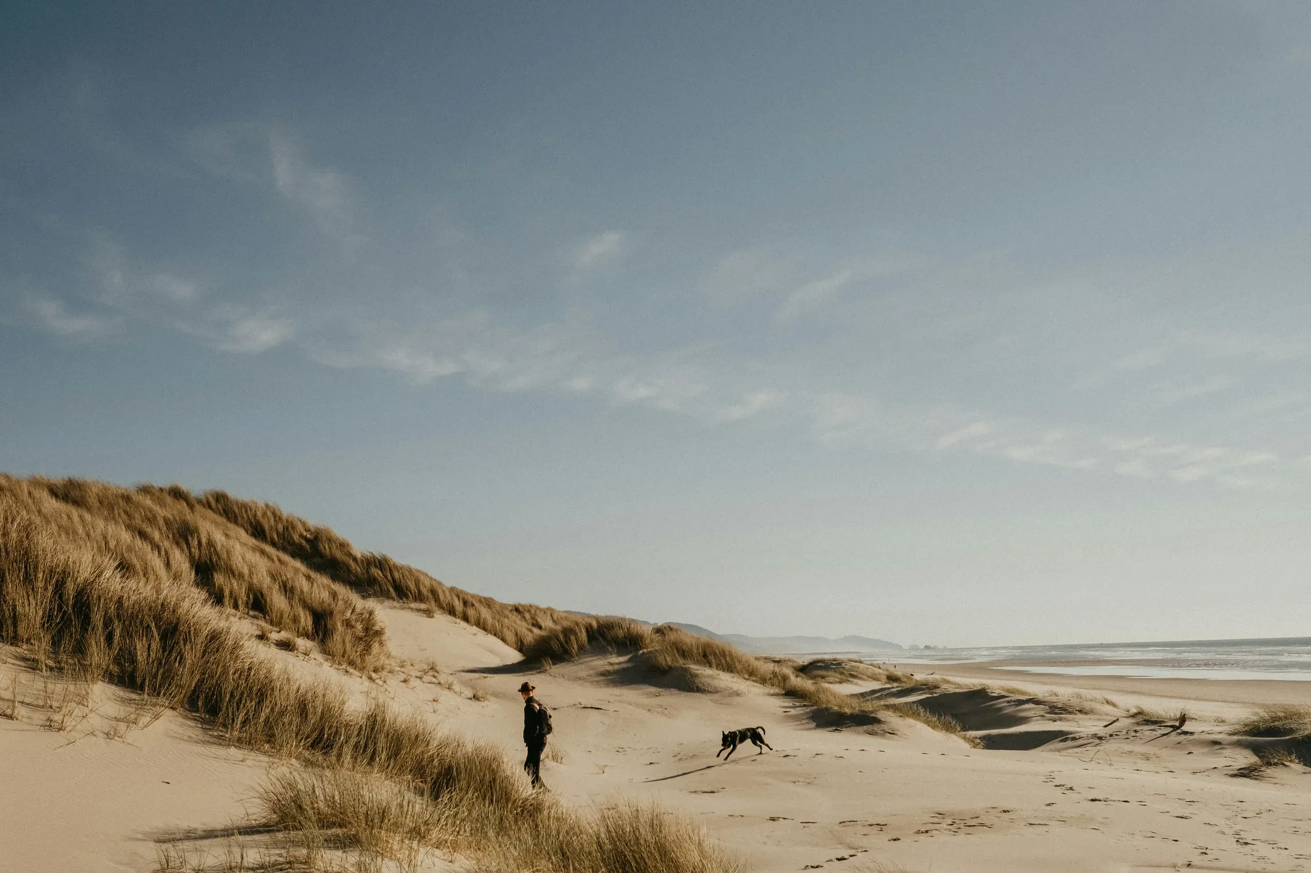 Manzanita, Oregon. Man walking dog on beach