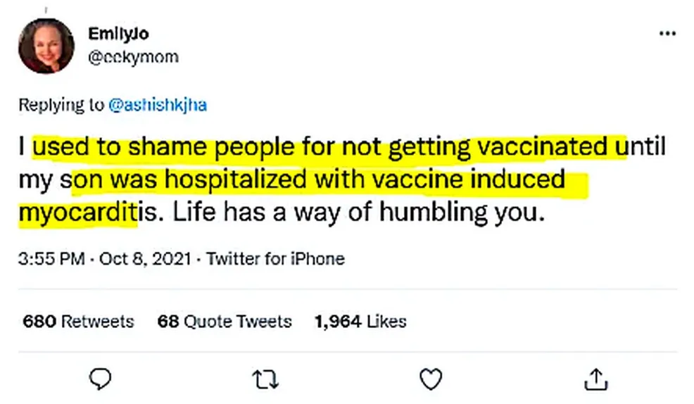 Tweet from @eeckymom (Oct 8, 2021): I used to shame people for not getting vaccinated until my son was hospitalized with vaccine induced myocarditis. Life has a way of humbling you. Key text highlighted in yellow.