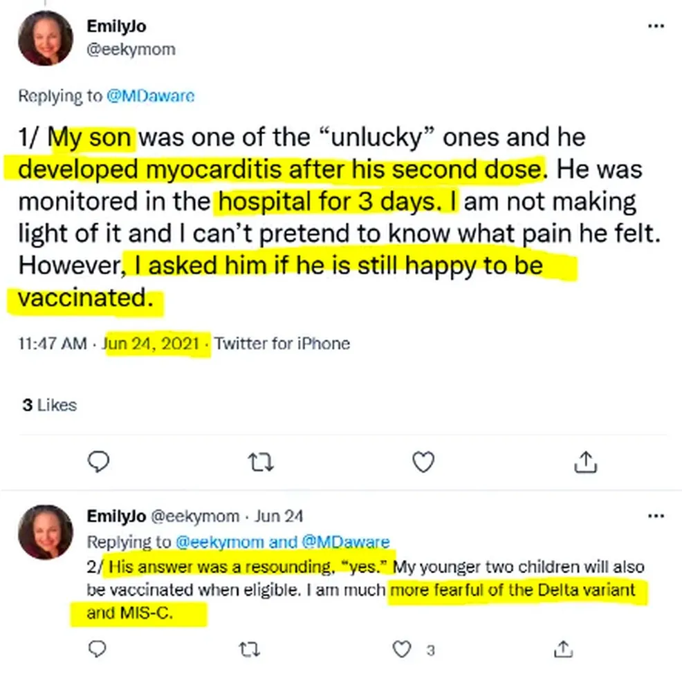 Tweets from @eeckymom (Jun 24, 2021): revealing her son developed myocarditis after his second dose and was monitored in hospital for 3 days. Highlighted text notes she asked if he is still happy to be vaccinated, and his answer was yes. States she is more fearful of the Delta variant.