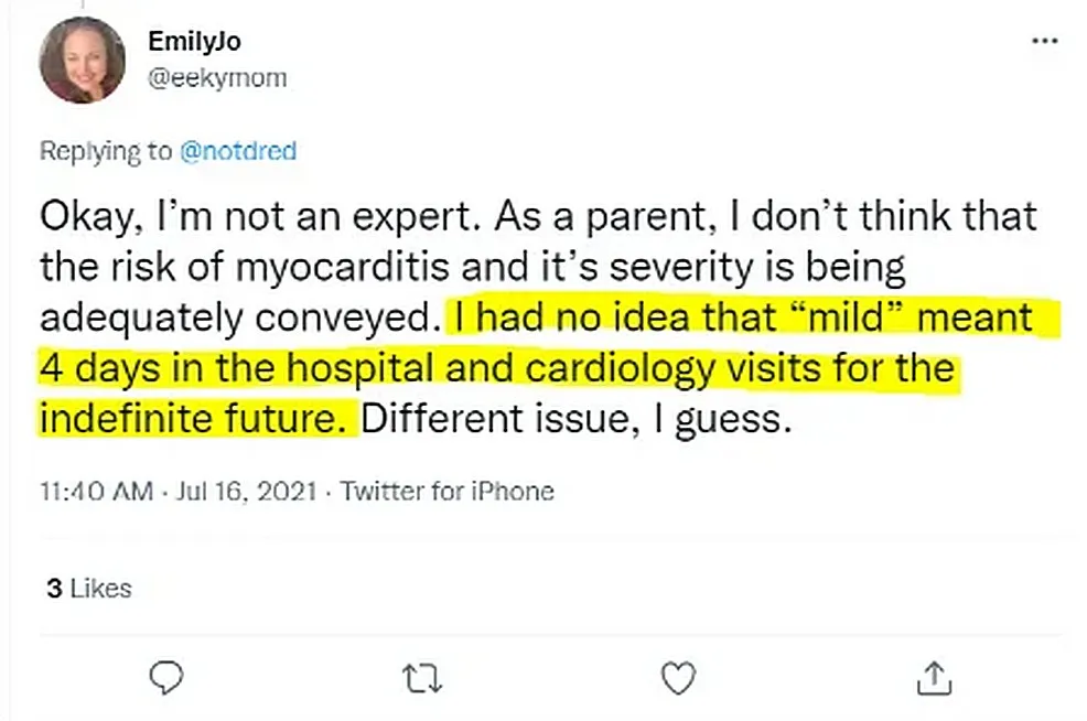 Tweet from @eeckymom (Jul 16, 2021): saying she had no idea that mild myocarditis meant 4 days in hospital and cardiology visits for the indefinite future. Key text highlighted in yellow.