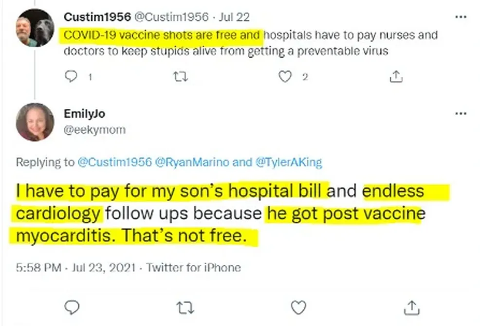Tweets showing @eeckymom (Jul 23, 2021) replying that she has to pay for her son's hospital bills and endless cardiology follow-ups because he got post vaccine myocarditis. Responding to someone claiming COVID vaccines are free.