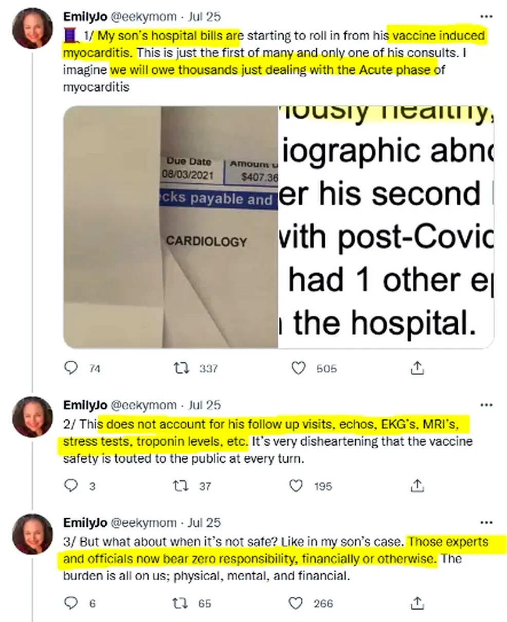 Thread from @eeckymom (Jul 25, 2021): showing hospital bills starting to arrive for vaccine-induced myocarditis with a $407.36 cardiology bill visible, noting this is just the first of many. Follow-up tweets mention follow-up visits, echos, EKGs, MRIs, stress tests, and that experts bear zero responsibility.