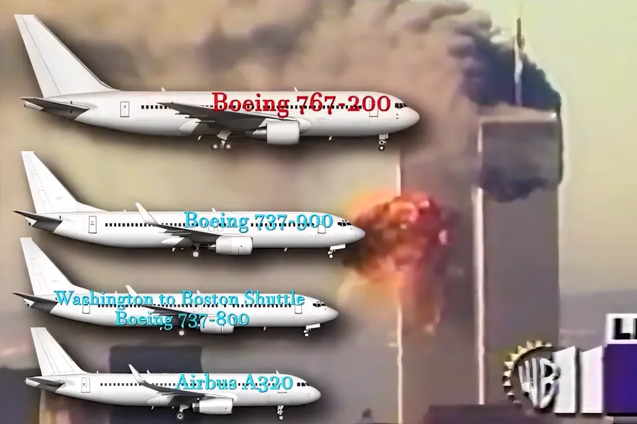 Size comparison of four aircraft overlaid on footage of the South Tower impact: Boeing 767-200, Boeing 737-900, Washington to Boston Shuttle Boeing 737-800, and Airbus A320