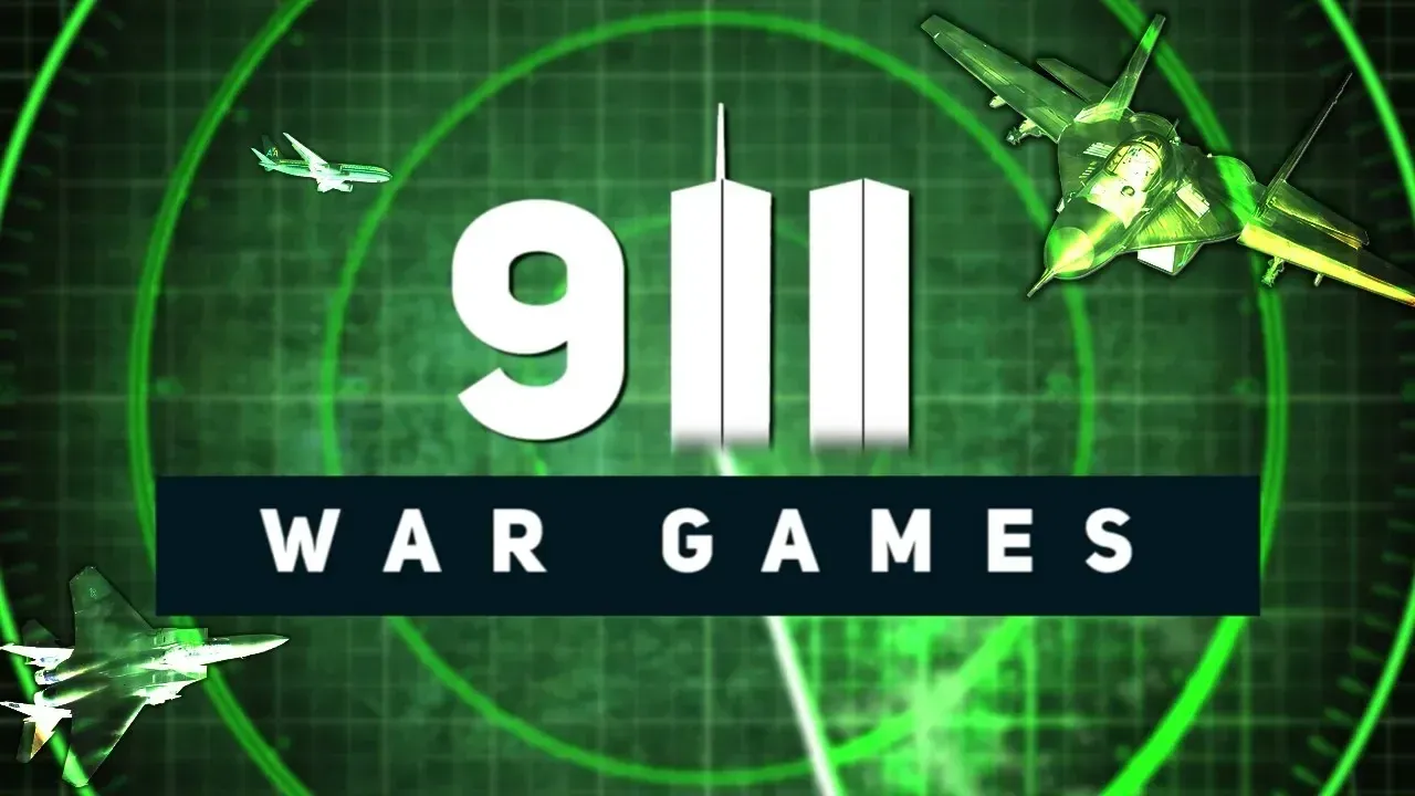 Title card for '9/11 War Games' Corbett Report documentary - the number 9/11 with twin tower silhouettes, on a green radar screen background with military jets and a civilian airliner