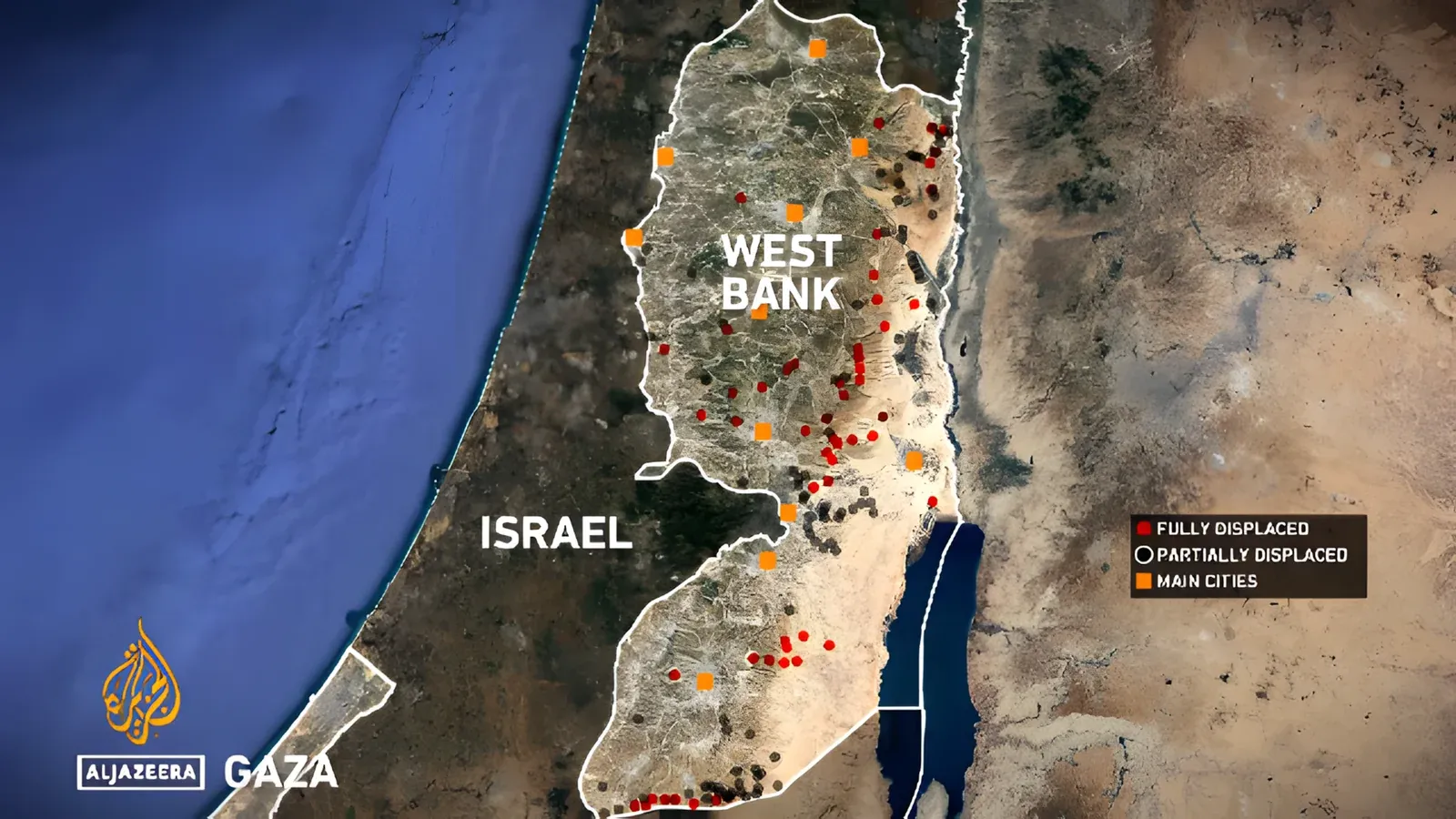 Al Jazeera satellite map of the West Bank showing locations of fully and partially displaced Palestinian communities, with Israel and Gaza labelled