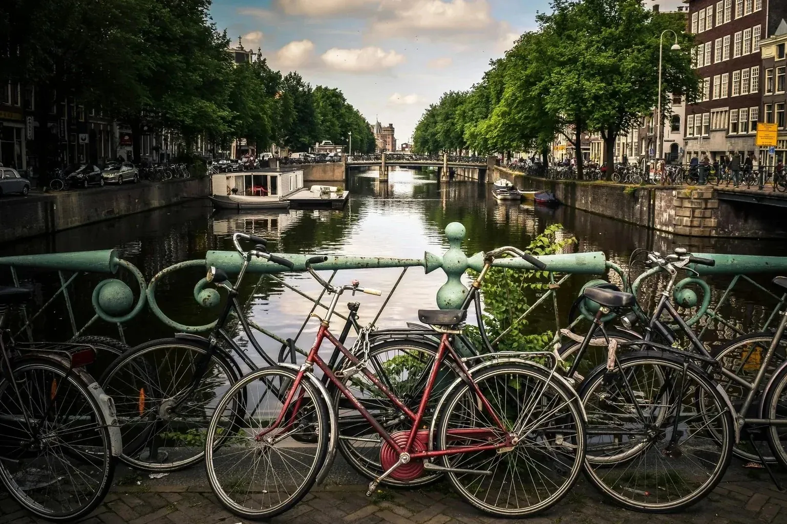 Bicycles chained to a bridge railing over an Amsterdam canal, with houseboats and tree-lined streets stretching into the distance