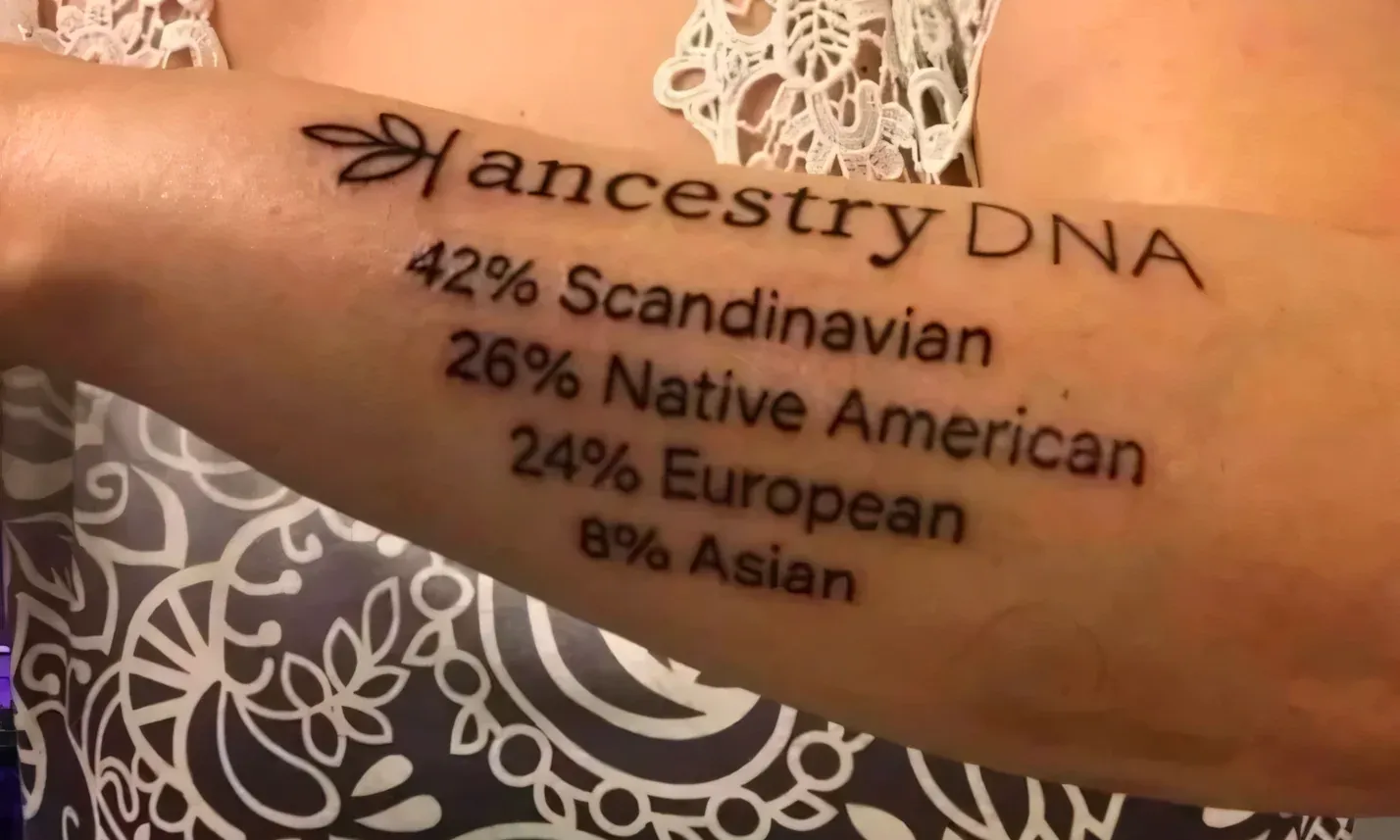 A forearm tattoo of the AncestryDNA logo with a breakdown reading 42% Scandinavian, 26% Native American, 24% European, 8% Asian