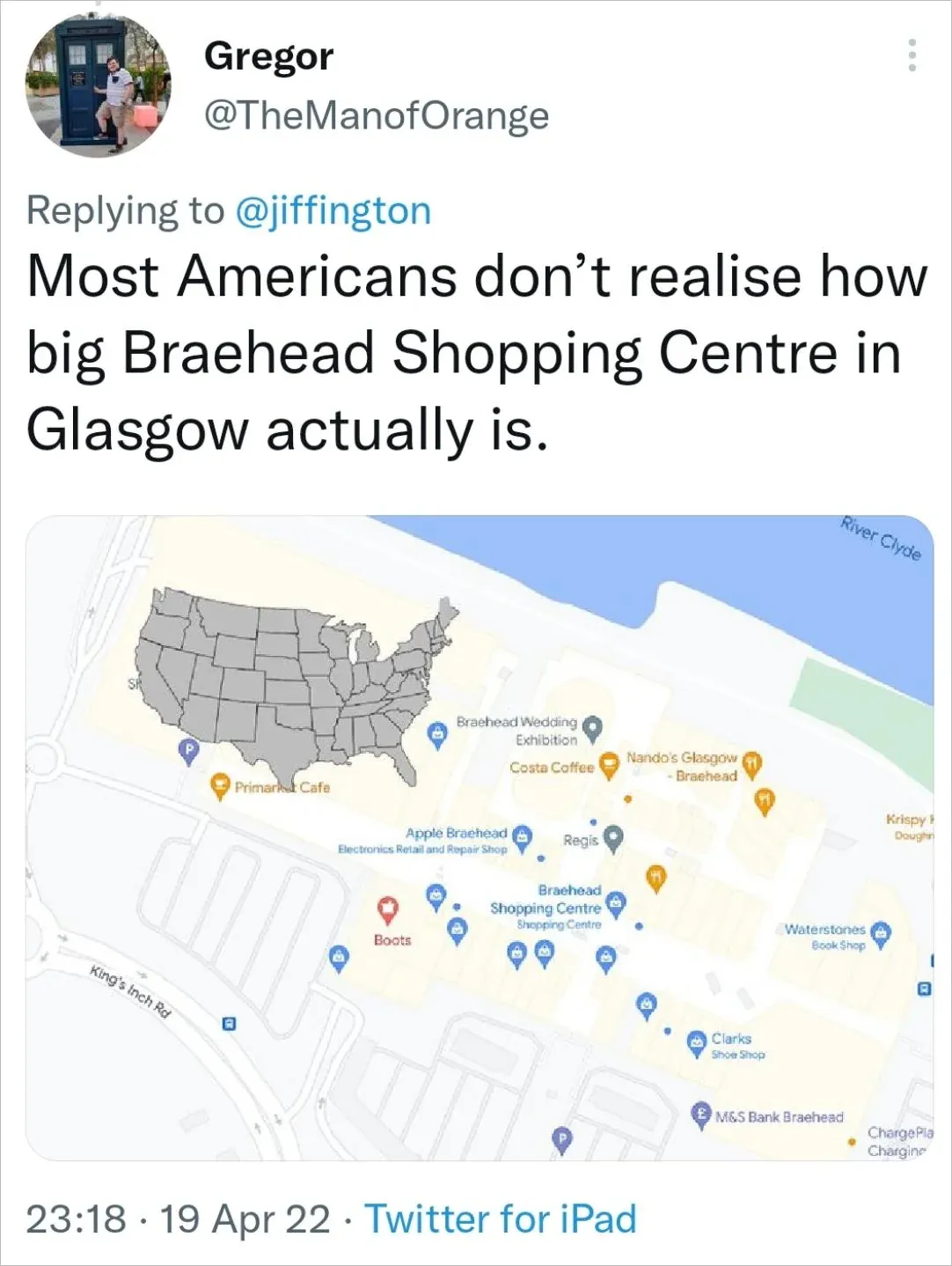 Scottish person's joke map on Twitter/X claiming the area of Braehead Shopping Centre in Glasgow is larger than the the USA