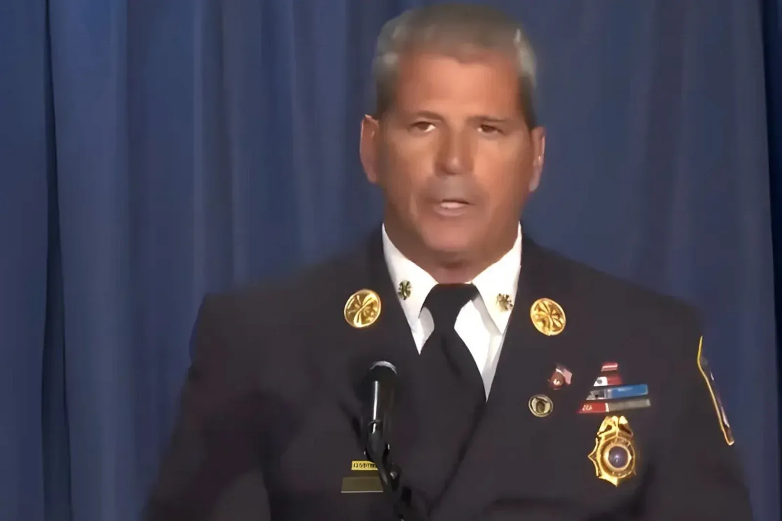 Chris Joya speaking at a podium in full fire department dress uniform with gold badges and service ribbons, against a blue curtain backdrop
