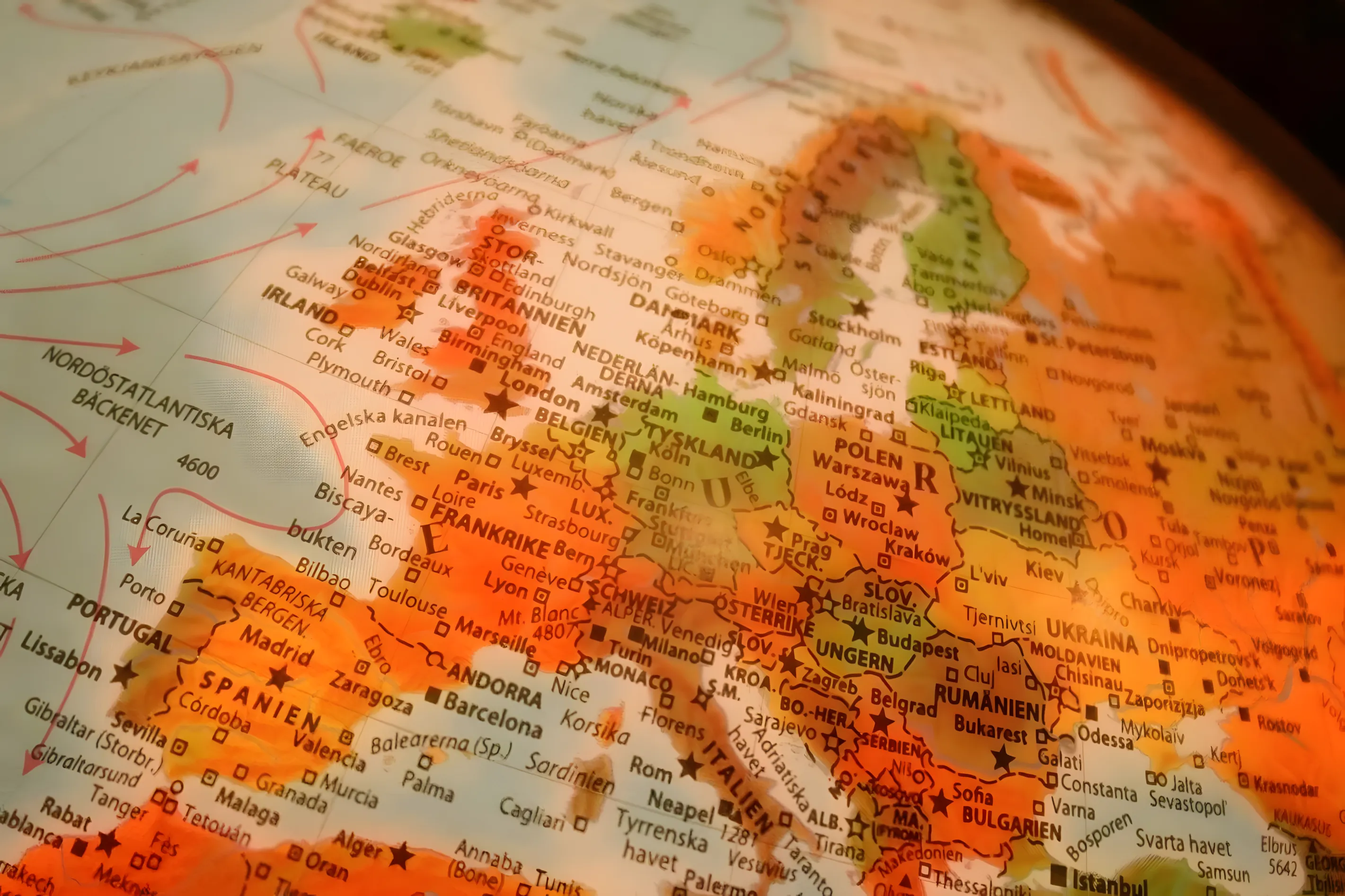 A globe showing Europe