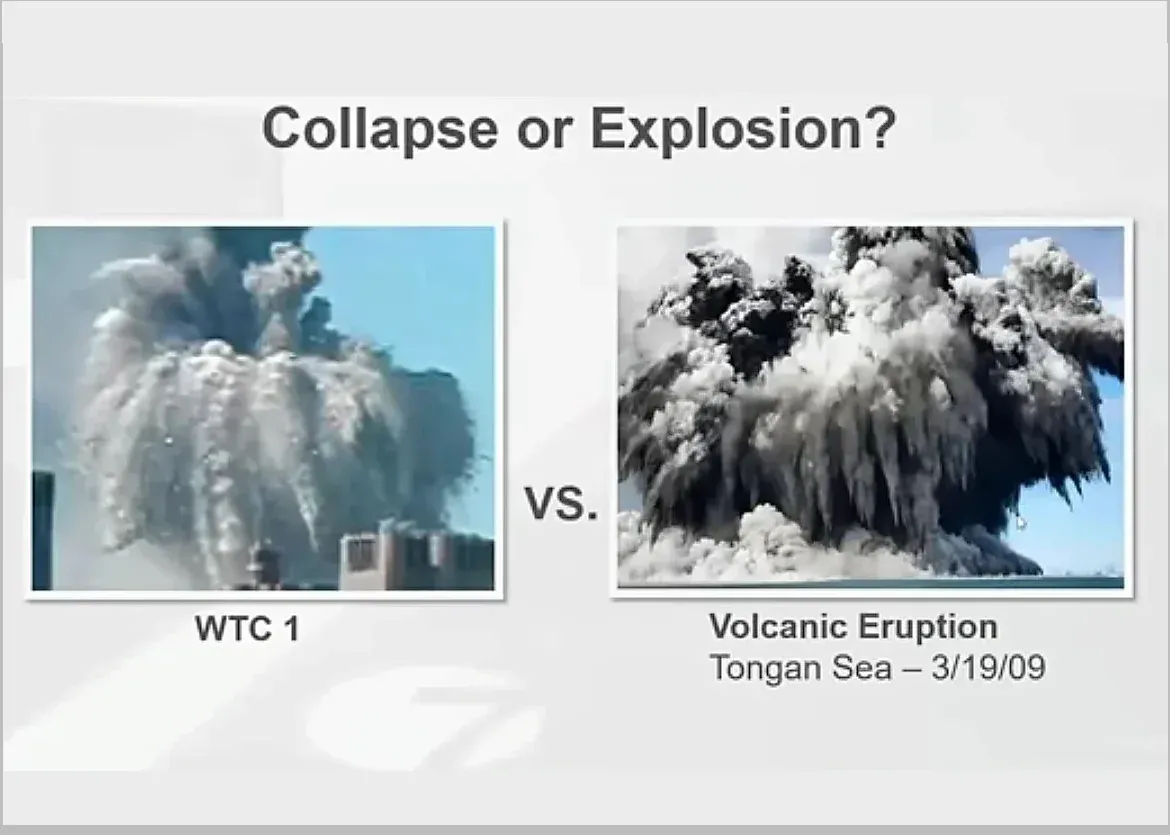 Side-by-side comparison titled 'Collapse or Explosion?' - WTC 1 collapse with material cascading outward in all directions versus a volcanic eruption in the Tongan Sea showing a strikingly similar pattern