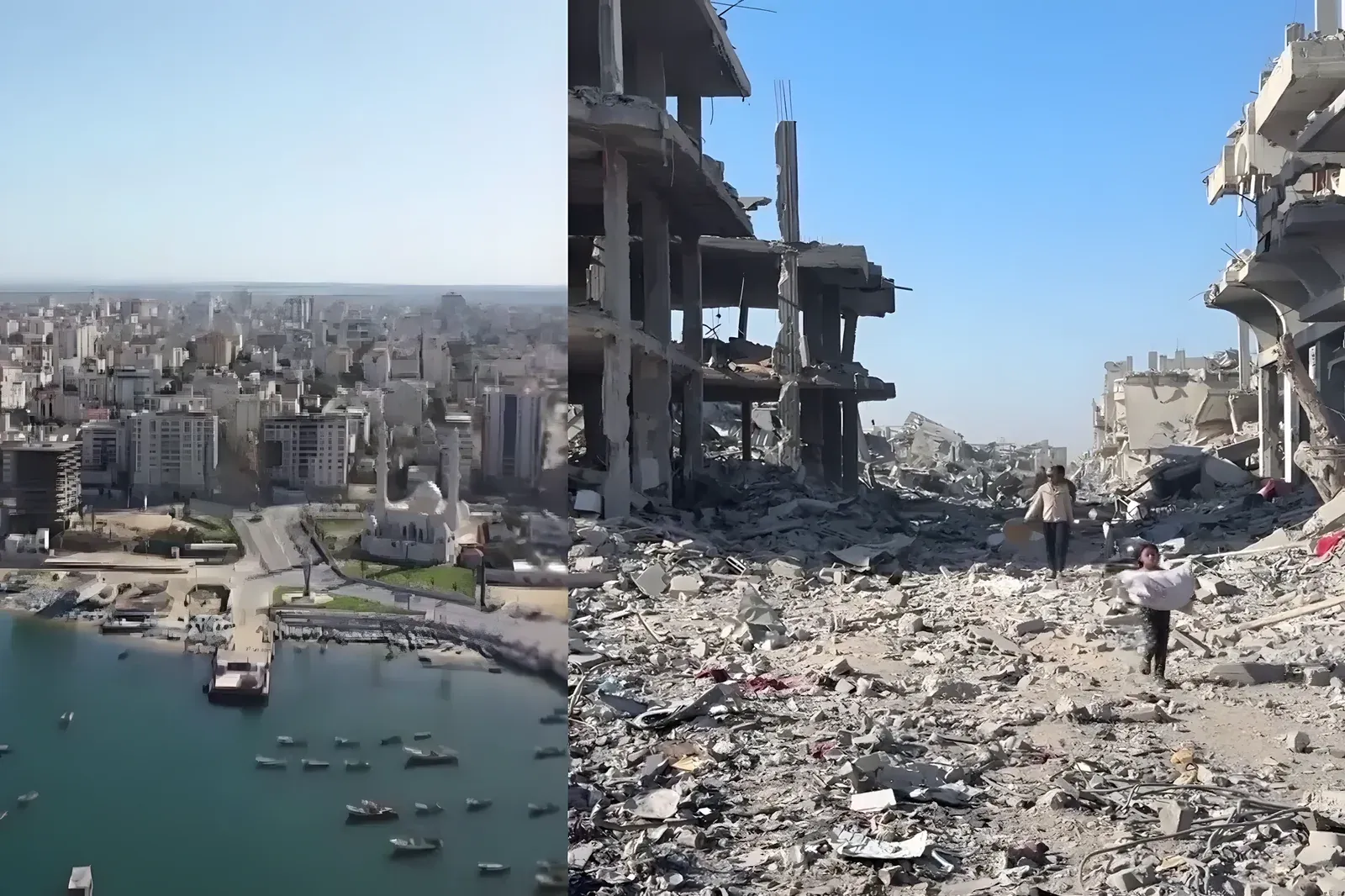 Before-and-after split image of Gaza - intact city with its harbour on the left, the same area reduced to rubble on the right