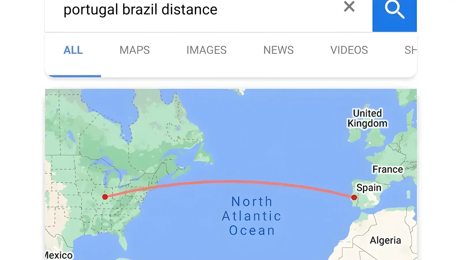 Google search for 'portugal brazil distance' showing a map with a red line drawn from the east coast of the USA to Portugal instead of from Brazil