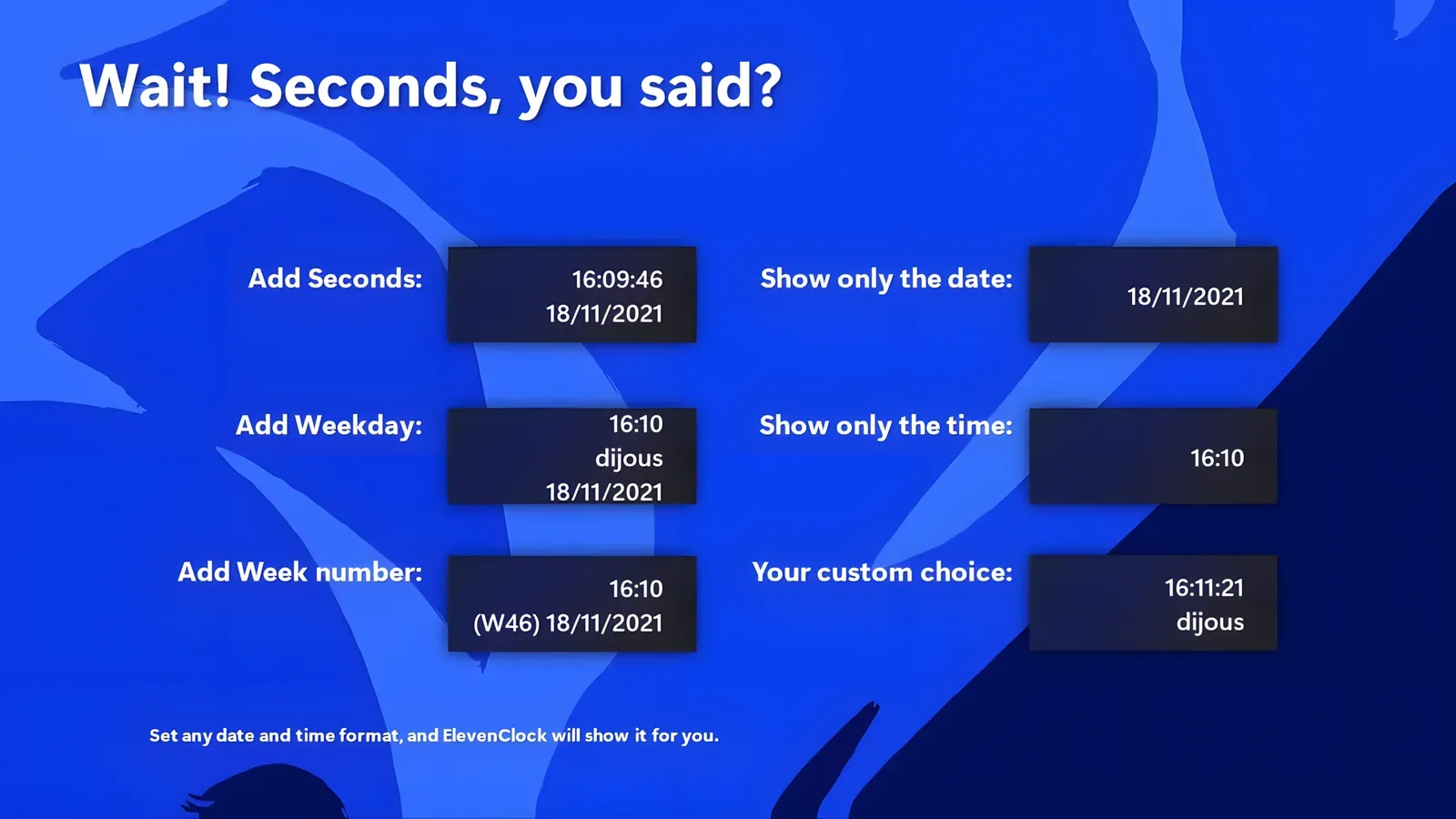 ElevenClock promotional graphic showing custom date and time format options