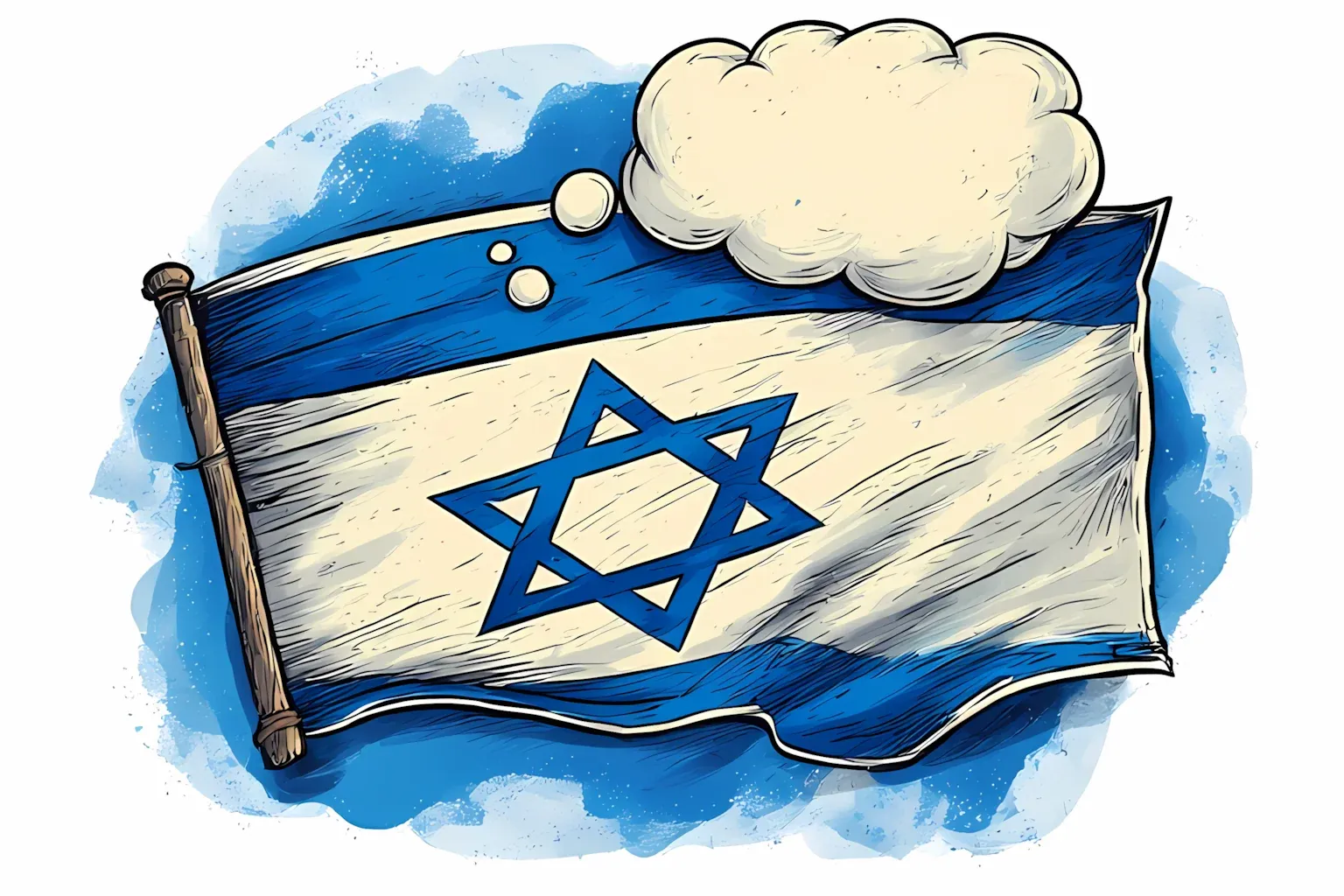 Cartoon illustration of the Israeli flag with an empty thought bubble above it, in a watercolour style