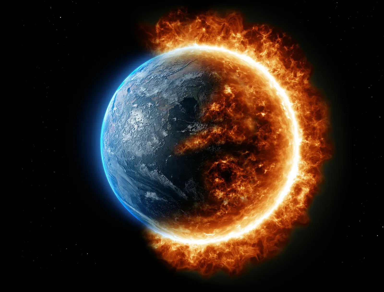 Illustration of the Earth engulfed in flames against a dark background