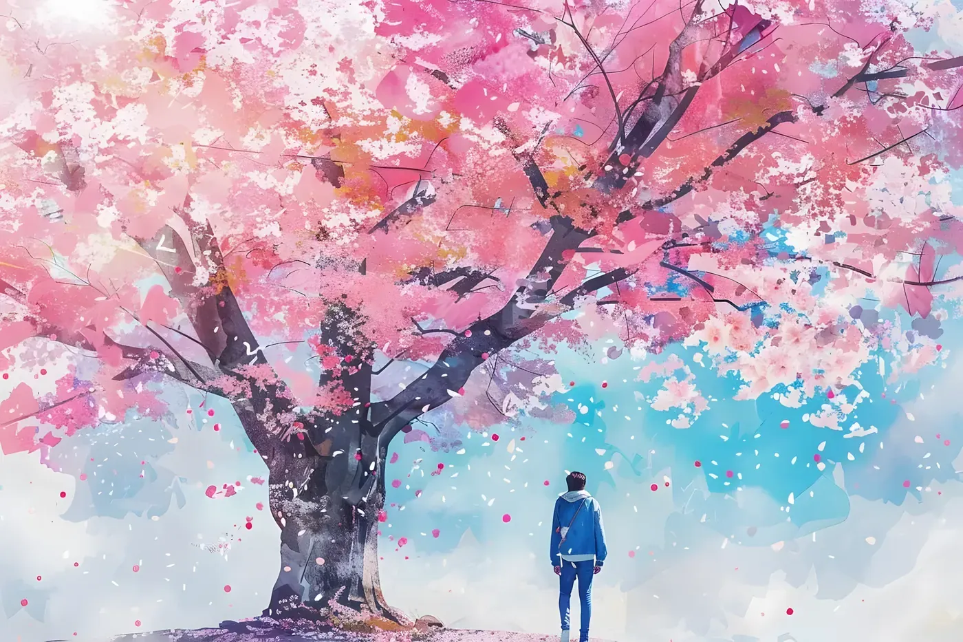 Watercolour illustration of a person standing beneath a huge cherry blossom tree in full bloom, pink petals falling against a blue sky