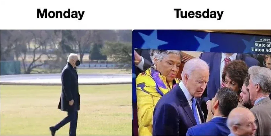 Meme comparing Biden masked alone on White House lawn on Monday vs unmasked in packed crowd at 2022 State of the Union on Tuesday