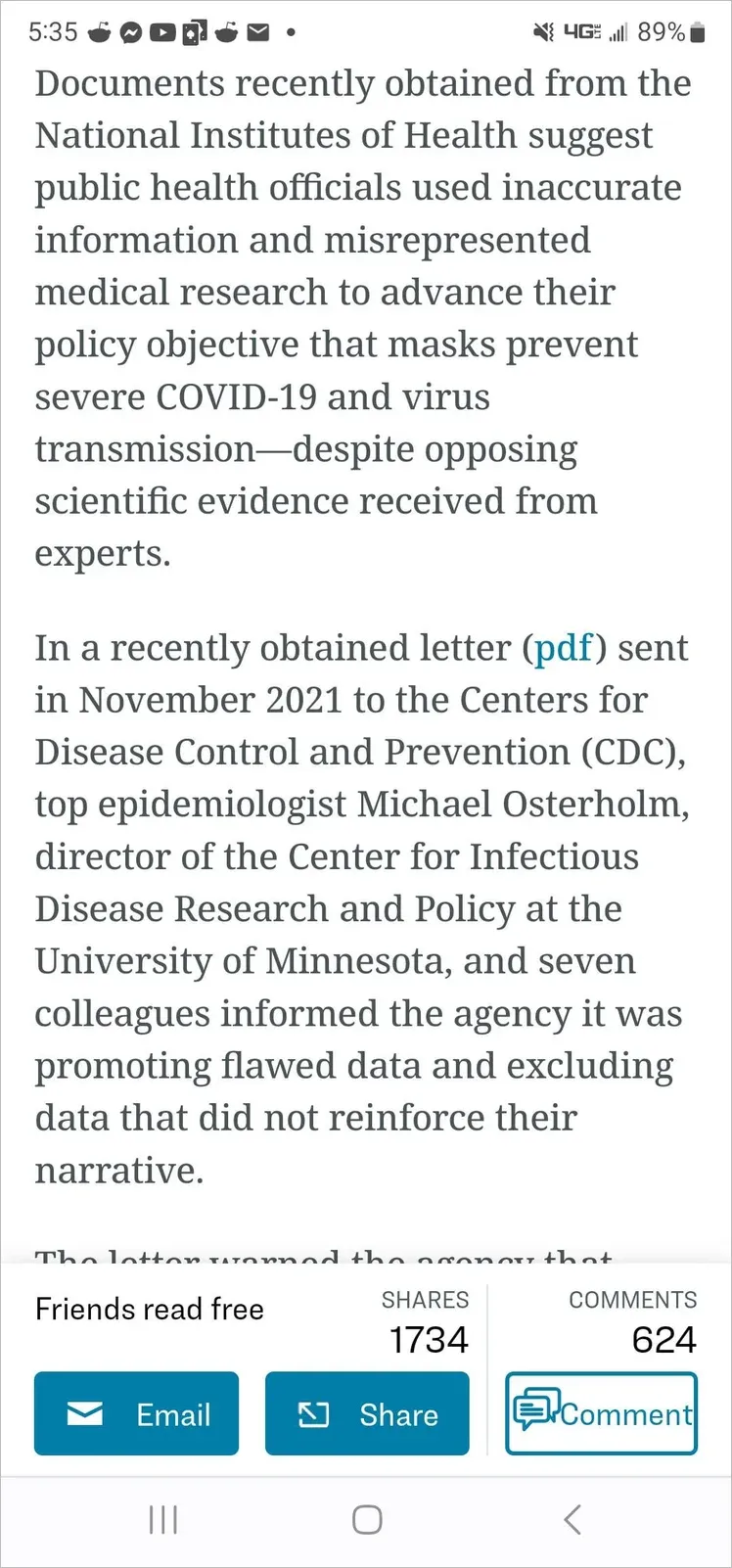 Phone screenshot of article about NIH documents suggesting officials used inaccurate information about masks, epidemiologist Osterholm's letter to CDC about flawed mask data
