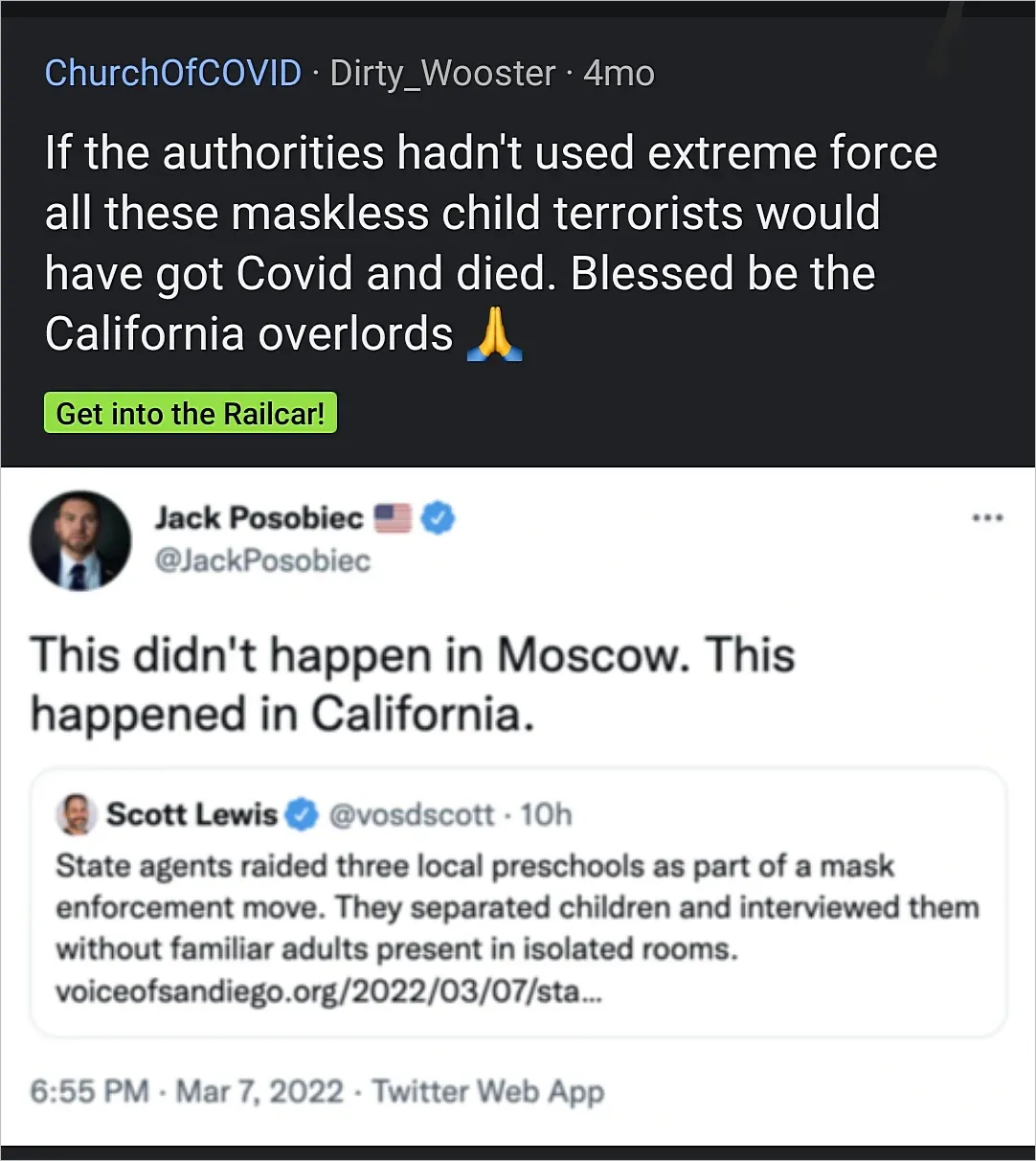 Two posts: r/ChurchOfCOVID satire about California preschool raids and Jack Posobiec tweet quoting Scott Lewis about state agents raiding preschools for mask enforcement (Mar 7 2022)