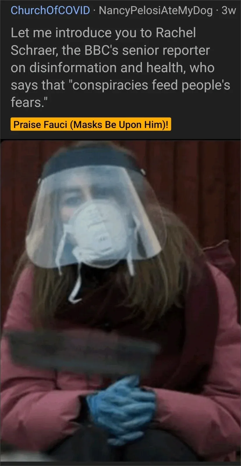 r/ChurchOfCOVID post about Rachel Schraer, BBC disinformation reporter, photo of person wearing face shield plus mask plus rubber gloves