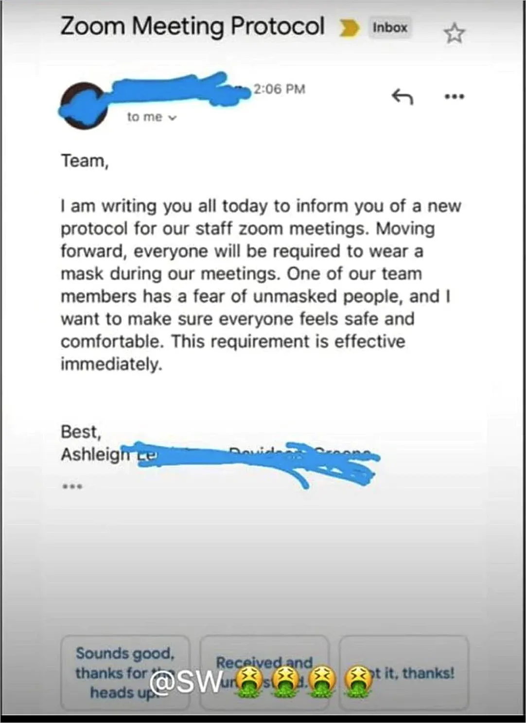 Email screenshot of Zoom Meeting Protocol requiring employees to wear masks during Zoom video calls because a team member fears unmasked people on screen