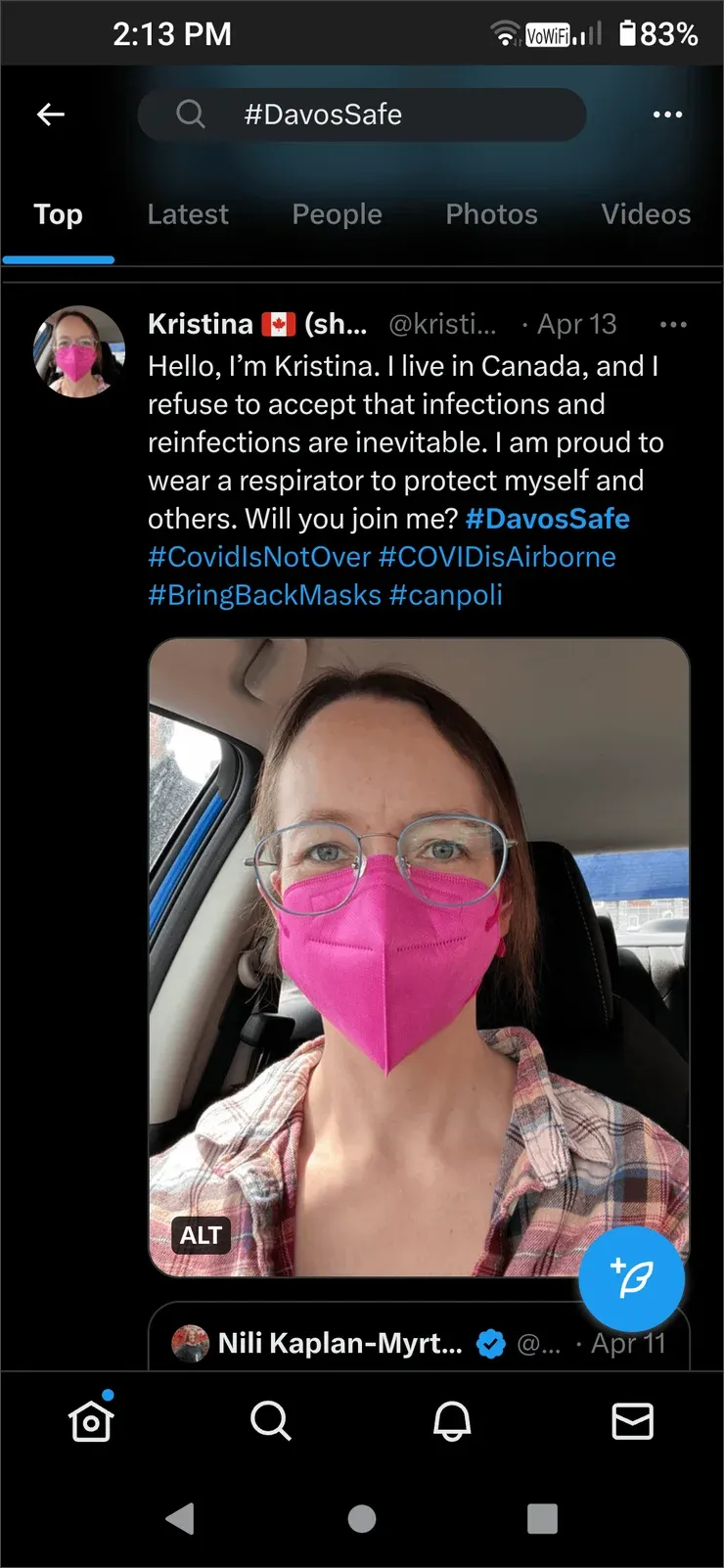 Phone screenshot of DavosSafe Twitter search showing woman named Kristina wearing pink N95, hashtags CovidIsNotOver and BringBackMasks