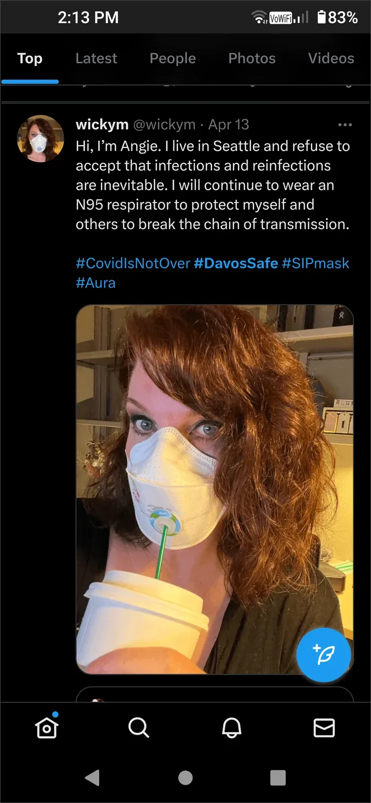 Tweet from @wickym (Angie, Seattle) wearing N95 with SIP straw attachment, refusing to accept COVID infections are inevitable, hashtags DavosSafe and SIPmask