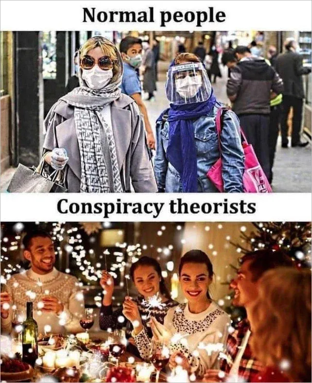 Meme contrasting Normal people (masked shoppers in face shields) with Conspiracy theorists (happy unmasked friends dining together with sparklers)