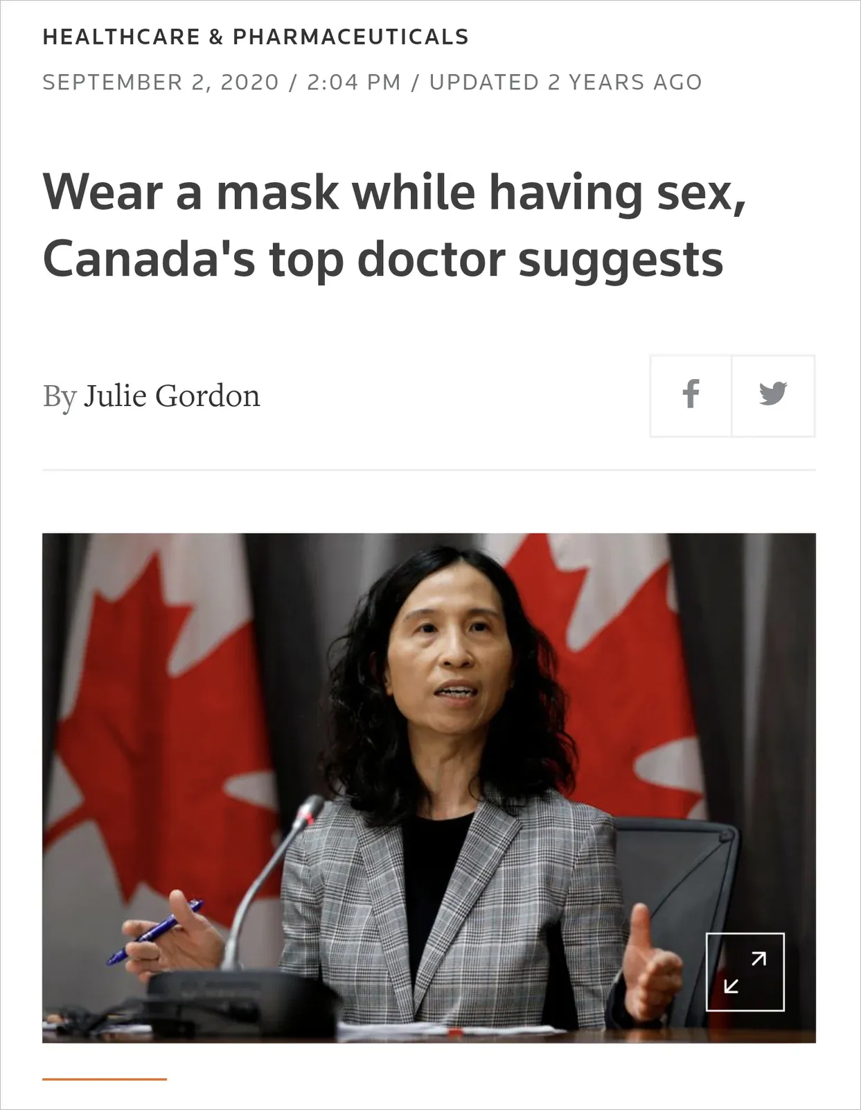 News headline - Wear a mask while having sex, Canada's top doctor suggests - by Julie Gordon, Sept 2 2020, with photo of Dr Theresa Tam