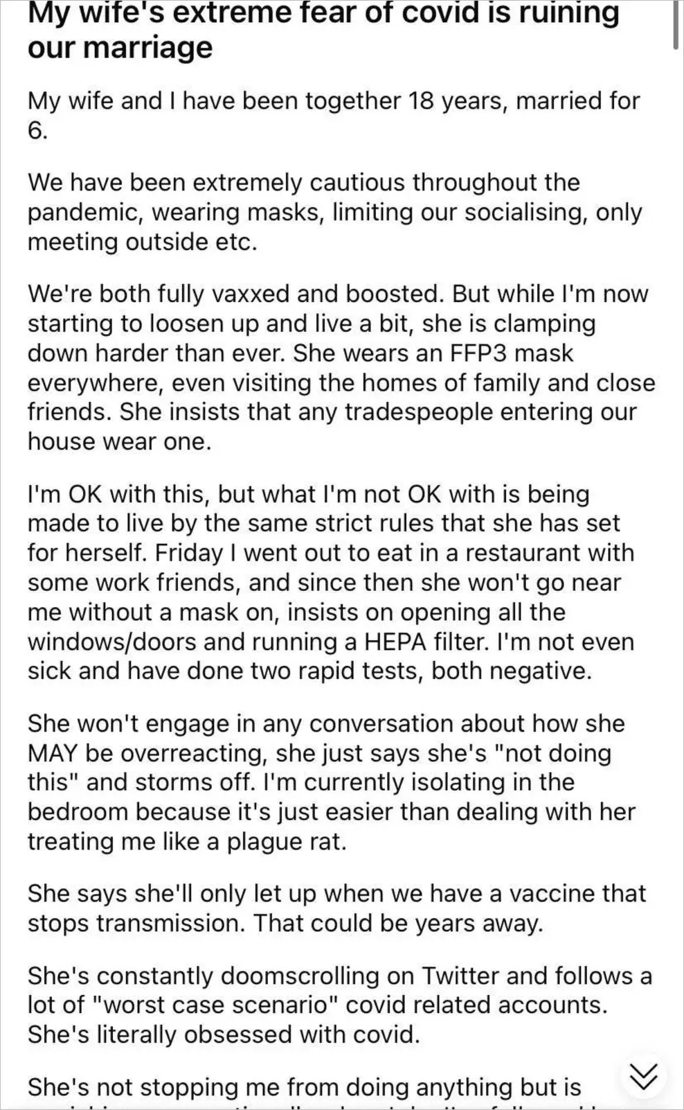 Reddit post titled My wife's extreme fear of covid is ruining our marriage describing wife wearing FFP3 everywhere, insisting tradespeople wear masks, doomscrolling, and isolating in the bedroom