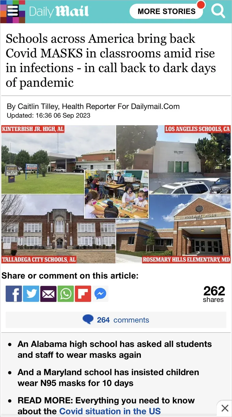 Daily Mail article (Sep 2023) - Schools across America bring back Covid MASKS in classrooms amid rise in infections, in call back to dark days of pandemic - with photos of schools in Alabama, California, and Maryland