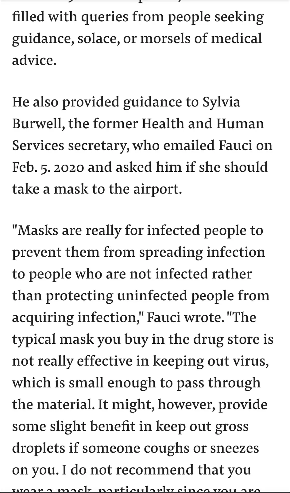 Article excerpt of Fauci email to Sylvia Burwell (Feb 5 2020) saying masks are really for infected people, the typical store-bought mask is not really effective in keeping out virus which is small enough to pass through the material, and he does not recommend wearing one