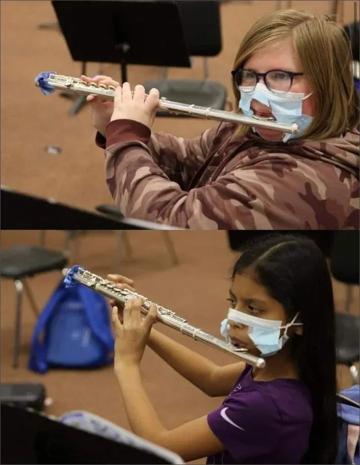Two-panel photo of young schoolgirls playing flute in school band while wearing surgical masks with slits cut in them to allow the flute mouthpiece through