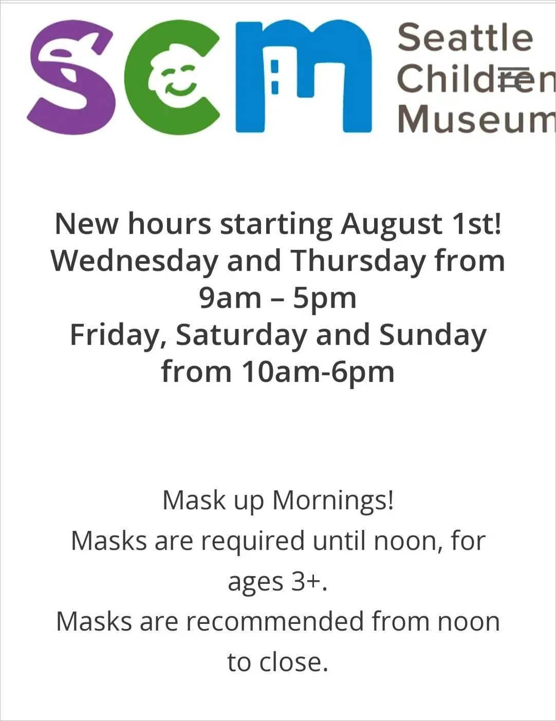 Seattle Children's Museum notice announcing Mask up Mornings: masks required until noon for ages 3 and up, recommended from noon to close