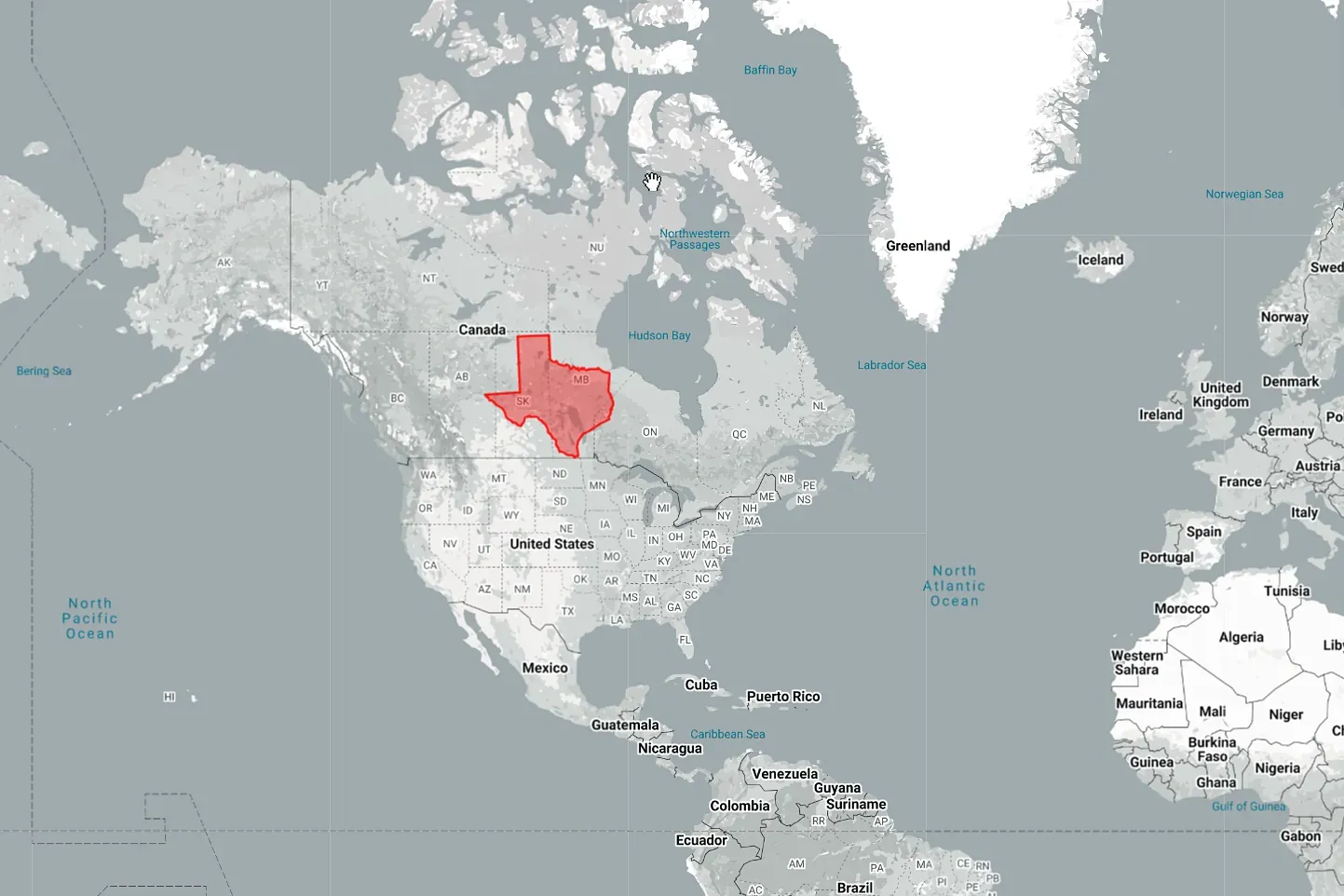 What Texas would look like on Google Maps if it was just above the Canadian border - nowhere near as big as Australia does when you put it there instead (but it's exaggerated because a lot of Australia gets enlarged up near the Arctic)