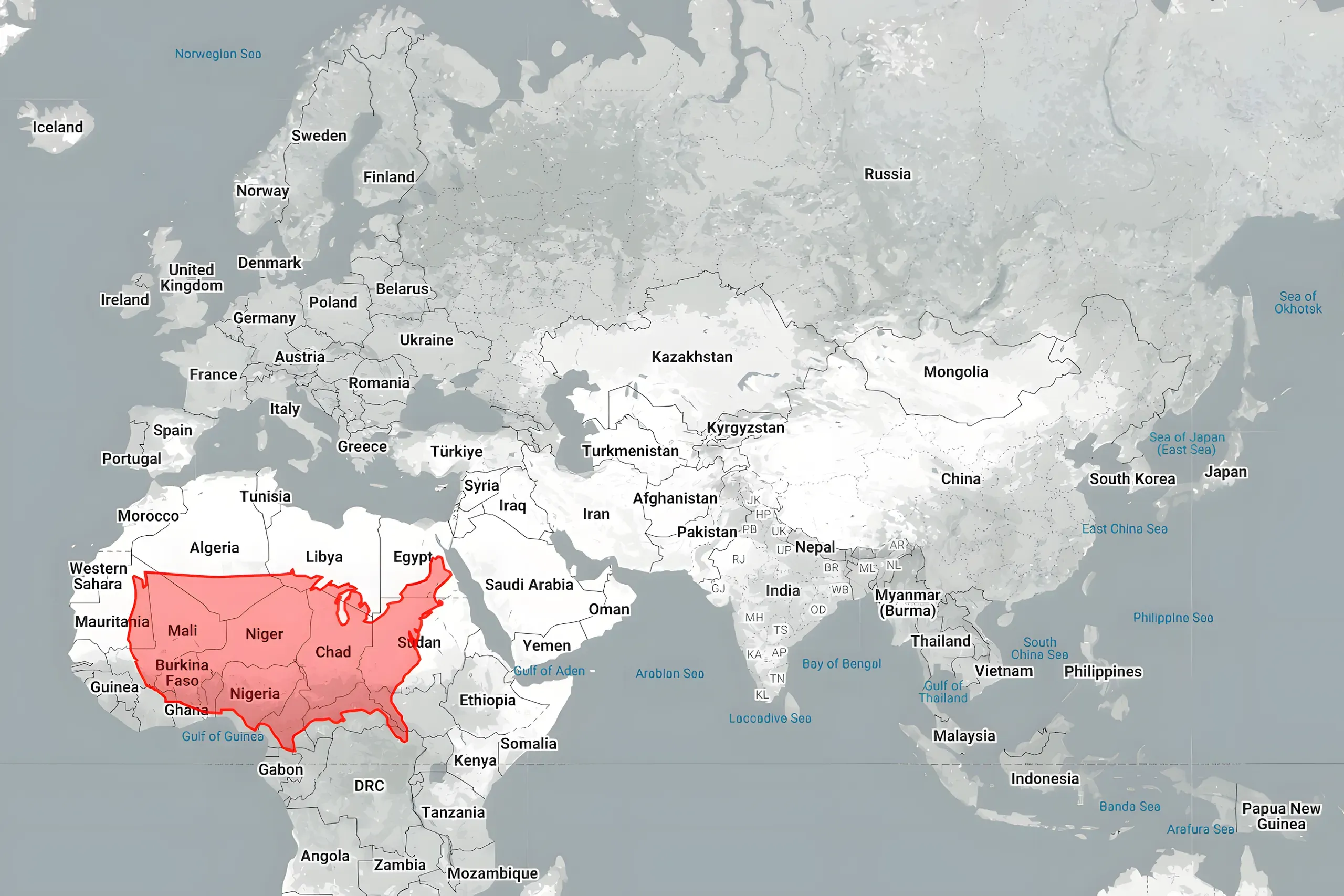 A thetruesize.com map projection showing the outline of the USA overlaid on Africa to compare their relative sizes