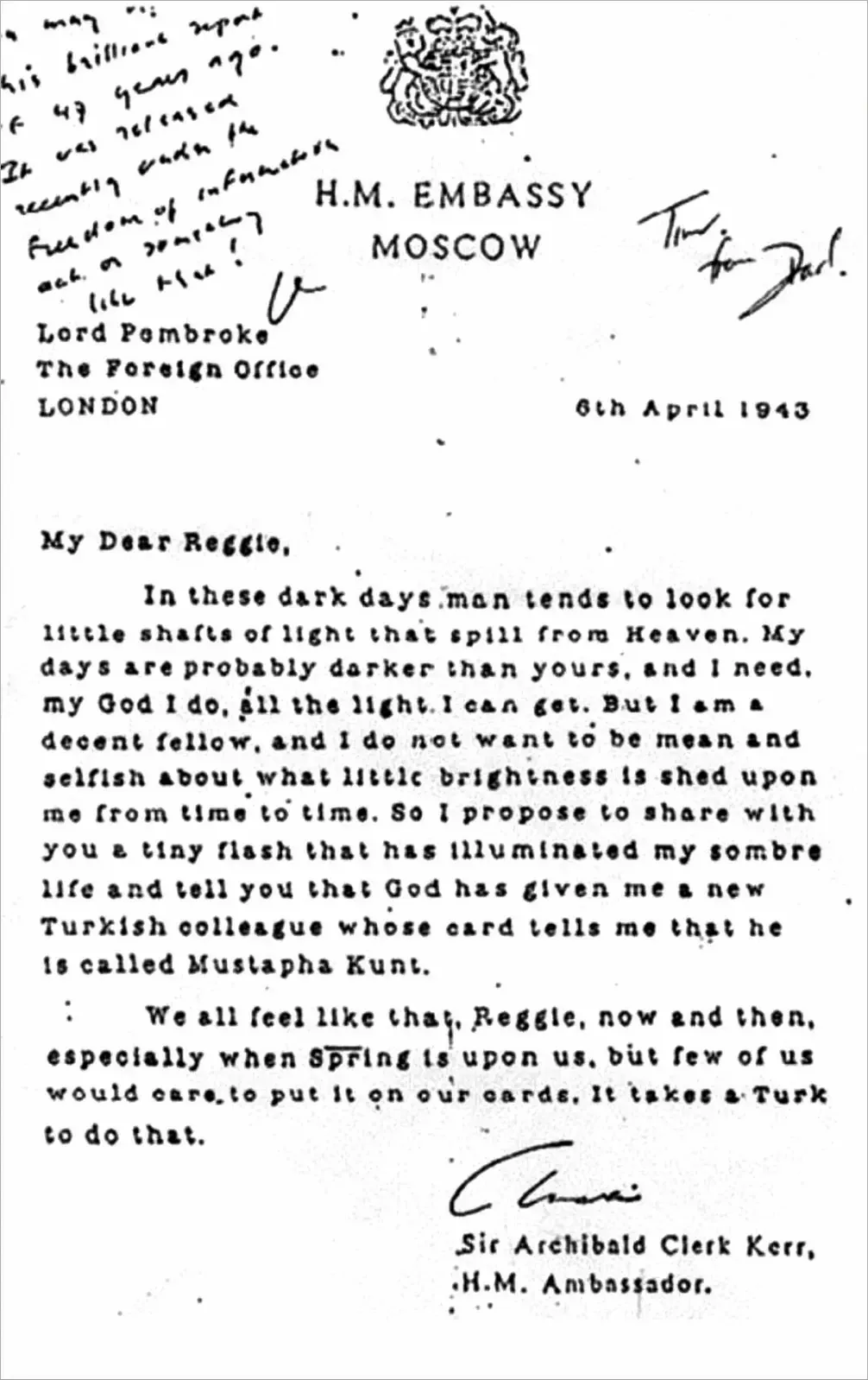 Letter from Sir Archibald Kerr, British Ambassador to Moscow, to Lord Pembroke, 6 April 1943