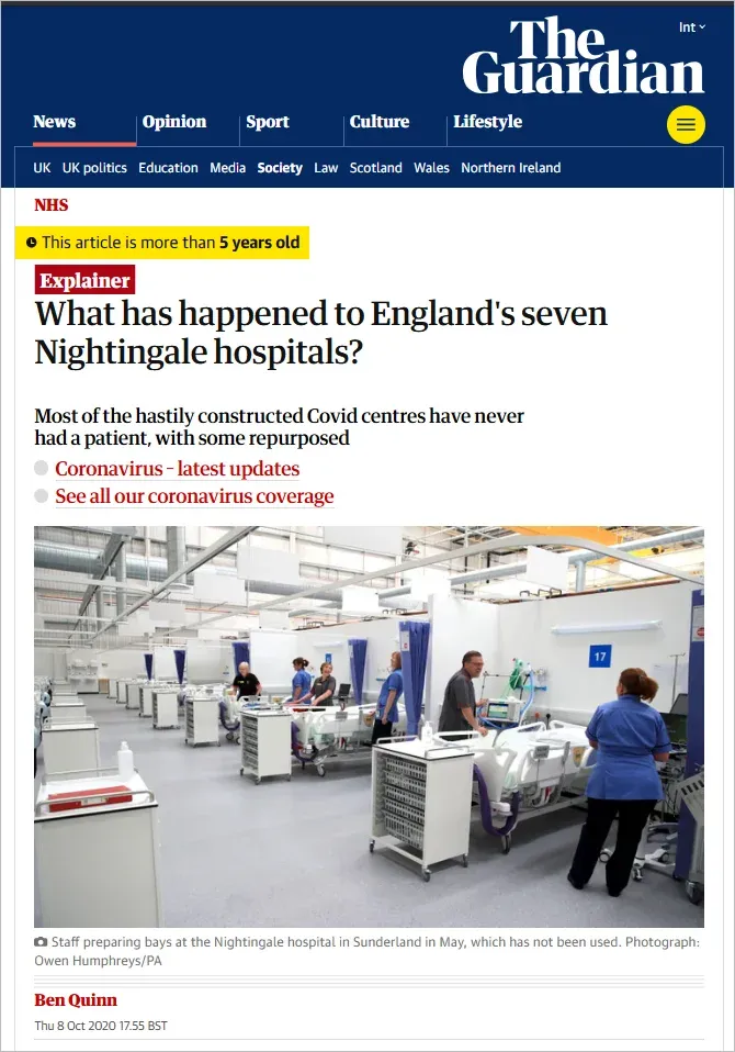 Guardian article headed 'What has happened to England's seven Nightingale hospitals?' with a photo of staff preparing empty beds at the Sunderland Nightingale hospital