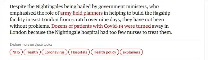 Excerpt from the Guardian noting that dozens of Covid patients were turned away from the London Nightingale because it had too few nurses