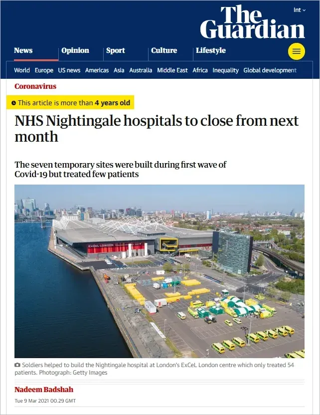Guardian article headed 'NHS Nightingale hospitals to close from next month' with an aerial photo of the ExCeL London centre, which only treated 54 patients