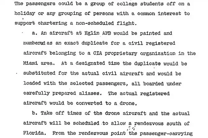 Declassified Operation Northwoods document describing a plan to paint a military aircraft as an exact duplicate of a CIA-owned civilian plane, swap the real plane for a drone, and stage an incident over Cuba