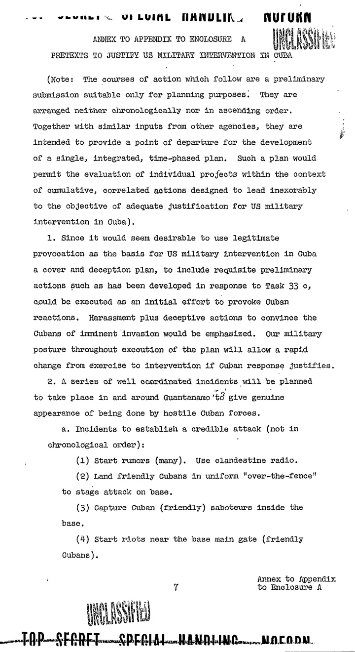 Declassified Operation Northwoods memo page 1: Annex to Appendix listing proposed pretexts for US military intervention in Cuba, including staged incidents, harassment of refugees, sabotage operations, and fake attacks on Guantanamo Bay. Marked Top Secret Special Handling.