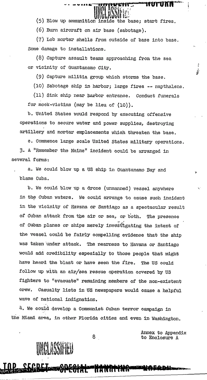 Declassified Operation Northwoods memo page 2: proposed false flag operations including sinking a US ship in Guantanamo Bay, using drone vessels, staging attacks to appear as Cuban aggression, and developing a Communist Cuban terror campaign in Miami and Washington