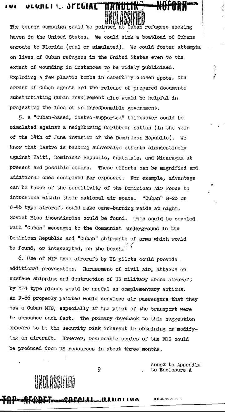 Declassified Operation Northwoods memo page 3: proposed terror campaign against Cuban refugees in the US, planting bombs in carefully chosen spots, arresting Cuban agents, releasing fabricated documents, and using a Remember the Maine incident as a model
